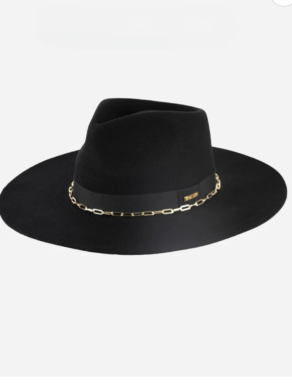 Black Wide-Brim Fedora Hat with Gold Chain